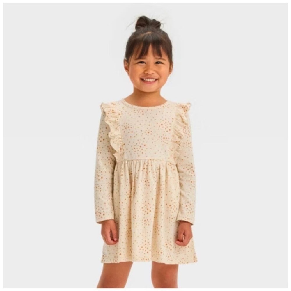 Cat and Jack Girls 2T Dress Long Sleeve Ruffle Star Gold Cream NEW